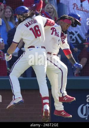 Philadelphia Phillies' Jean Segura celebrates after a home run during a  baseball game, Wednesday, Sept. 7, 2022, in Philadelphia. (AP Photo/Matt  Slocum Stock Photo - Alamy