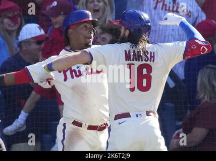 Philadelphia Phillies' Jean Segura celebrates after a home run during a  baseball game, Wednesday, Sept. 7, 2022, in Philadelphia. (AP Photo/Matt  Slocum Stock Photo - Alamy