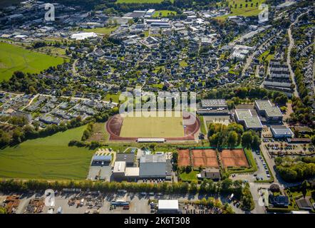 , aerial view, municipal high school, leisure world Sauerland Schmallenberg, sports field, Wormbach, Schmallenberg, Sauerland, North Rhine-Westphalia, Stock Photo