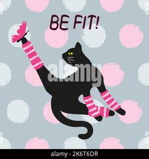 Cute cartoon cat doing exercises. Vector fitness illustration. Stock Vector