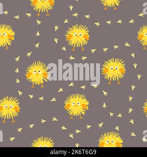 Seamless baby pattern with cute little chickens. Funny yellow chicks vector illustration. Stock Vector