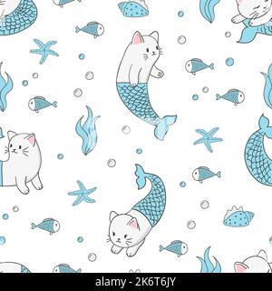 Cute cat mermaids seamless pattern. Vector marine background for kids Stock Vector