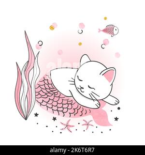 Cartoon sleeping cat mermaid vector illustration. Print for kids. Stock Vector