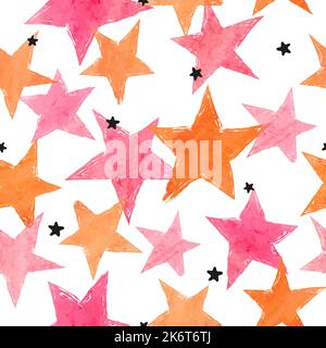 Seamless stars pattern. Vector background with watercolor pink and orange stars. Stock Vector