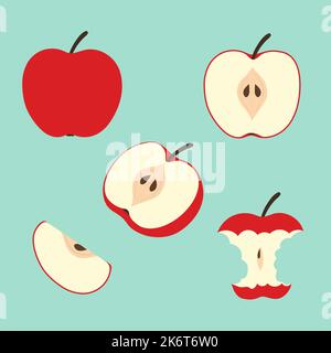 Red apple vector illustration. Set of sliced apples. Stock Vector
