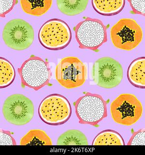 Seamless tropical fruit pattern with kiwi, papaya and passion fruit slices. Stock Vector