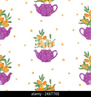 Seamless watercolor teapots with buckthorn berries pattern. Vector tea background Stock Vector