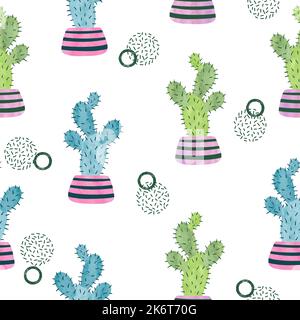 Seamless watercolor cactus in pot pattern. Cute cacti vector print. Stock Vector