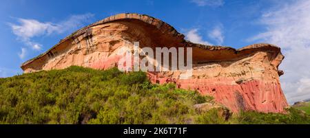 Mushroom Rock, made of red and orange sedimentary sandstone. This landmark is in the Golden Gate Highlands National Park, a nature reserve near the to Stock Photo