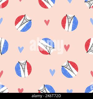 Eiffel tower with hearts seamless pattern. Paris symbols vector illustration. Stock Vector