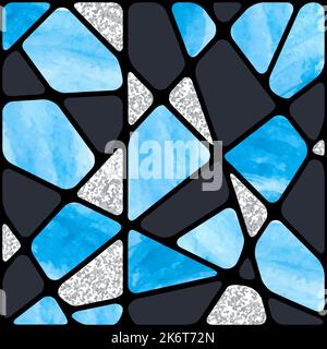 Stained glass window background. Abstract blue mosaic pattern. Stock Vector