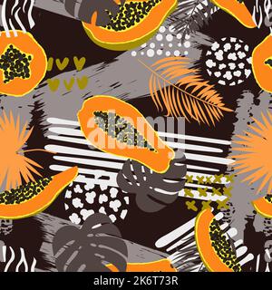 Seamless abstract fruit tropical pattern with palm leaves and papaya. Stock Vector