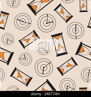 Seamless time pattern with hand drawn watches. Round clock and hourglass. Stock Vector