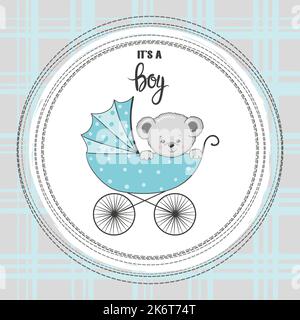 Baby shower boy card. Cartoon Teddy bear in stroller. Stock Vector