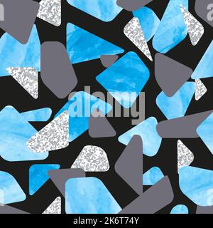 Abstract blue and black terrazzo seamless pattern. Vector mosaic background. Stock Vector