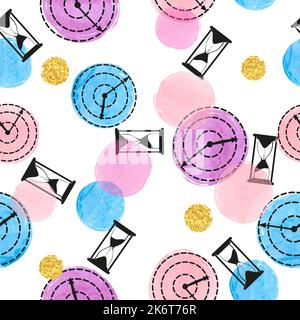 Seamless colorful pattern with hand drawn watches. Round clock and hourglass. Vector time illustration. Stock Vector