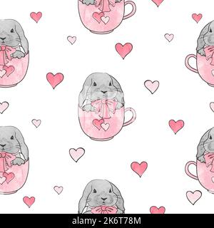 Easter rabbits seamless pattern. Vector background with cute watercolor bunnies in cups Stock Vector