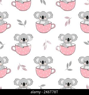 Seamless pattern with cute on koala bears in cups. Baby print Stock Vector