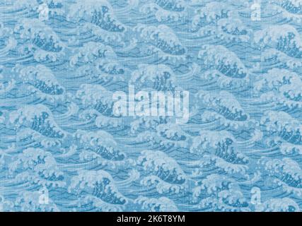 Closeup detailed photograph of traditional Japanese wrapping cotton cloth named furoshiki depicting a pattern of a great wave in blue sea evocating th Stock Photo