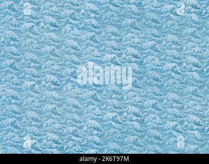 Photograph of highly detailed Japanese traditional wrapping cotton fabric called furoshiki featuring a seamless pattern of a blue sea wave like that o Stock Photo