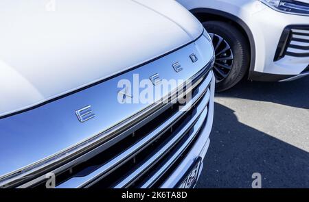 Samara, Russia - May 8, 2022: Front part of Chery Exeed vehicle with car grille. Chery brand is a manufacturer of cars in China Stock Photo