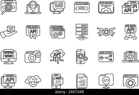 API icons set outline vector. Code develop. Computer software Stock Vector