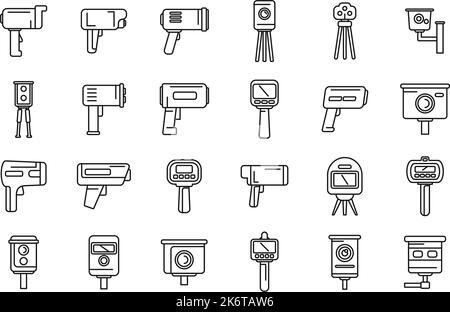 Speed radar icons set outline vector. Alert camera. Digital device Stock Vector