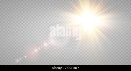 Vector transparent golden sunlight special lens flare light effect. sun glare on the front lens. Vector blur in bright light. Decor element. Stock Vector