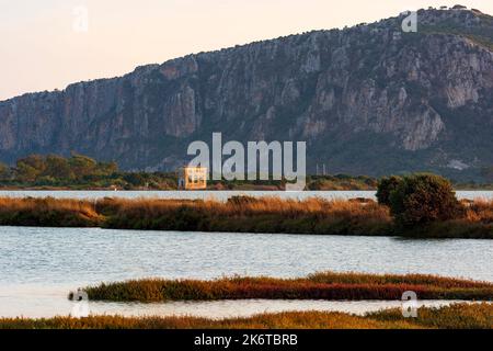 Natural landscape with a panoramic view of Gialova Lagoon and an abandoned building. Messinia Peloponnese Greece. Stock Photo