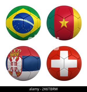 Football balls with the flags of the teams in Group G of the FIFA World Cup 2022 - Brasil, Cameroon, Serbia and Swiss Stock Photo