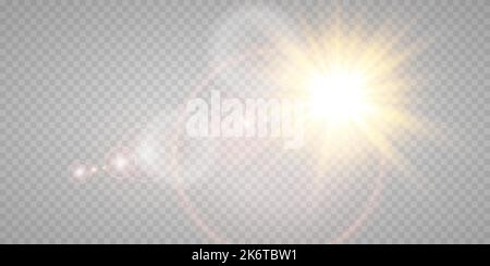Vector transparent golden sunlight special lens flare light effect. sun glare on the front lens. Vector blur in bright light. Decor element. Stock Vector