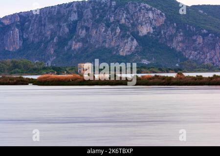 Natural landscape with a panoramic view of Gialova Lagoon and an abandoned building. Messinia Peloponnese Greece. Stock Photo