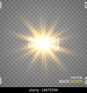 Vector transparent golden sunlight special lens flare light effect. sun glare on the front lens. Vector blur in bright light. Decor element. Stock Vector