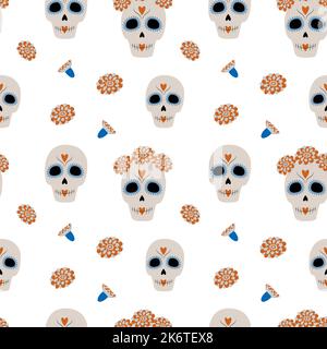 Endless pattern to Day of the Dead from Sugar Skull and flower in trendy mute hues. Dia de los muertos. Mexico. Isolate. Good for poster, card, invitations, price tag, print, wrapping paper, texture Stock Vector
