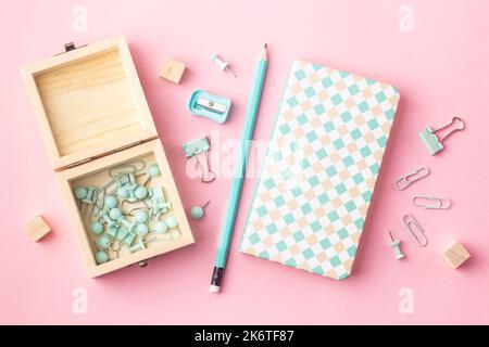School stationery in turquoise color, flat lay. Back to school Stock Photo