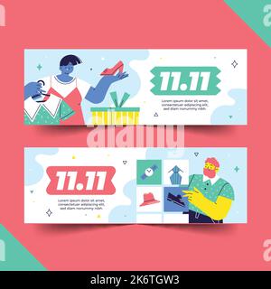 flat 11 11 shopping day horizontal banners set vector design illustration Stock Vector