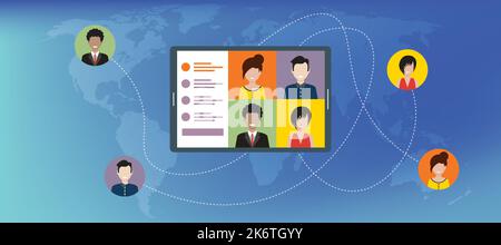 People in meeting by video conference working from home. Business discussion, web chatting, online meeting friends in video call. Group of people talk Stock Vector