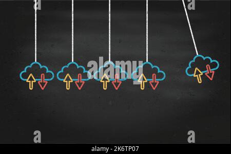 Cloud computing concept, database connection, server database. Drawing on blackboard in vector illustration in form of newtons cradie. Stock Vector