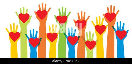 Hands of volunteers. Hands with heart in vector illustration. Charity, donation  and volunteer work.Caring, love, and a good hearted community support Stock Vector