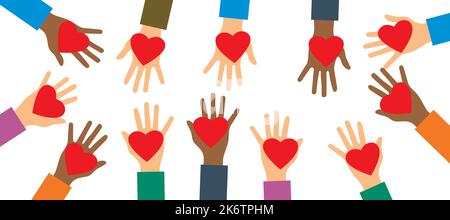 Hands of volunteers. Hands with heart in vector illustration. Charity, donation  and volunteer work.Caring, love, and a good hearted community support Stock Vector