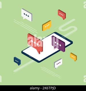 Chat in mobile phone or smart phone on message app, dialogue with speech bubbles. Cellphone online messaging concept, social media. Icon set in isomet Stock Vector