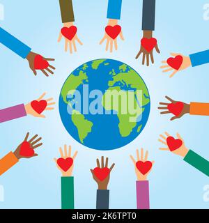 Hands of volunteers. Hands with heart in vector illustration. Charity, donation  and volunteer work.Caring, love, and a good hearted community support Stock Vector