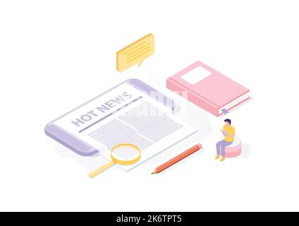 Conceptual template with newspaper on smartphone and magnifying glass. Scene for mobile application for reading news, subscription to newsletter. Stock Vector