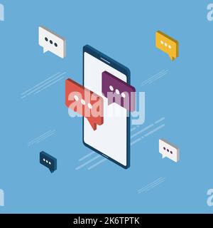 Chat in mobile phone or smartphone on message app, dialogue with speech bubbles. Cellphone online messaging concept, social media. Icon set in isometr Stock Vector