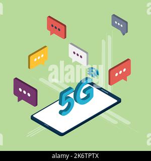 Fast 5G internet connection concept. Chat in mobile phone or smartphone on message app in fast connection, dialogue with speech bubbles. Icon set in i Stock Vector
