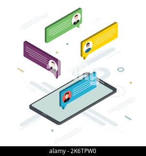 People in chat on mobile phone or smartphone on message app, dialogue with speech bubbles. Cellphone online messaging concept, social media. Icon set Stock Vector