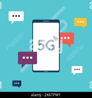 Fast 5G internet connection concept. Chat in mobile phone or smartphone on message app in fast connection, dialogue with speech bubbles. Icon set in f Stock Vector
