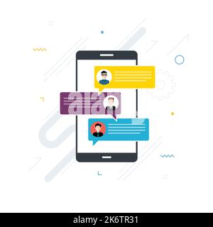 People in chat on mobile phone or smartphone on message app, dialogue with speech bubbles. Cellphone online messaging concept, social media. Icon set Stock Vector