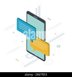 Chat in mobile phone or smartphone on message app, dialogue with speech bubbles. Cellphone online messaging concept, social media. Icon set in isometr Stock Vector