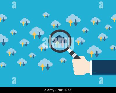 Cloud computing concept, database connection, server database. Flat design vector. Hand with magnifying glass. Stock Vector